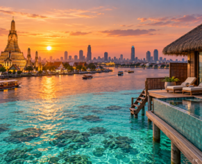 Bangkok riverside skyline and Maldives overwater villas