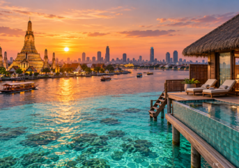 Bangkok riverside skyline and Maldives overwater villas