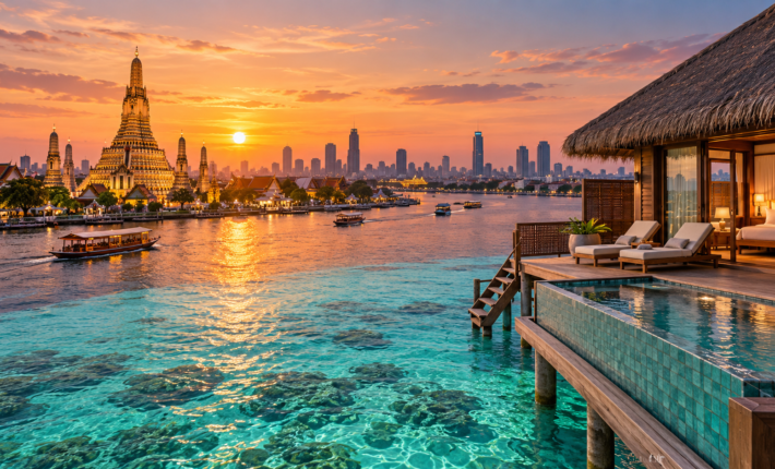 Bangkok riverside skyline and Maldives overwater villas
