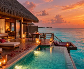 Romantic Maldives water villa at sunset for a Valentine holiday