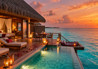 Romantic Maldives water villa at sunset for a Valentine holiday