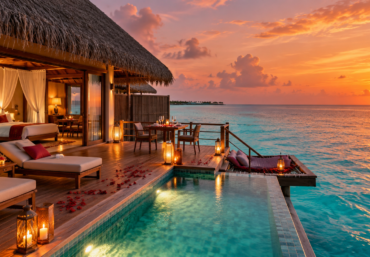 Romantic Maldives water villa at sunset for a Valentine holiday