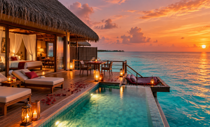 Romantic Maldives water villa at sunset for a Valentine holiday