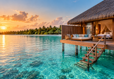 Overwater bungalow above a turquoise Maldives lagoon