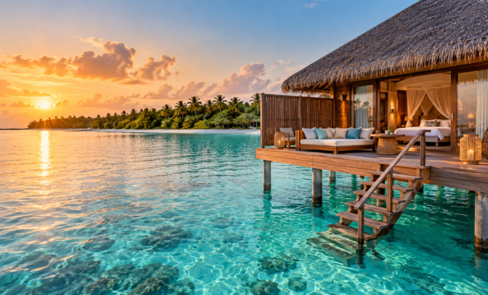 Overwater bungalow above a turquoise Maldives lagoon