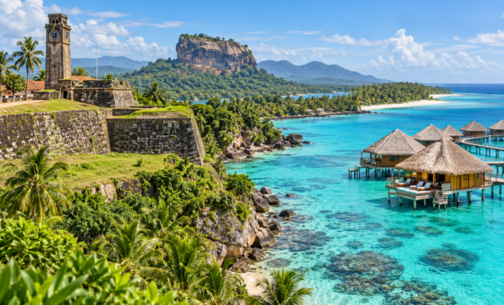 Sri Lankan heritage landscape transitioning to a Maldives water bungalow