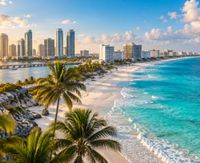 American city skyline and Cancun turquoise beach for a 12-night holiday
