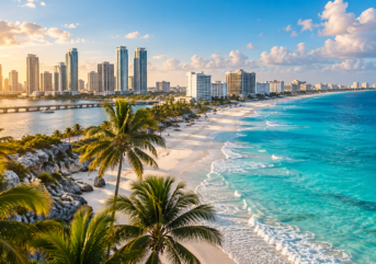 American city skyline and Cancun turquoise beach for a 12-night holiday