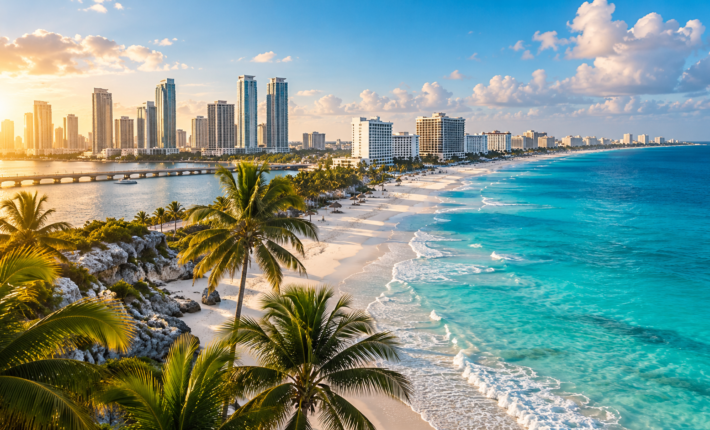 American city skyline and Cancun turquoise beach for a 12-night holiday