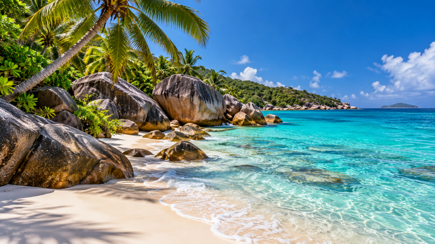Granite boulders and turquoise water on a Seychelles beach