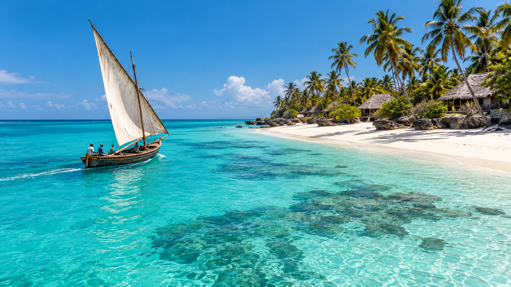 Dhow boat sailing beside a white sand beach in Zanzibar